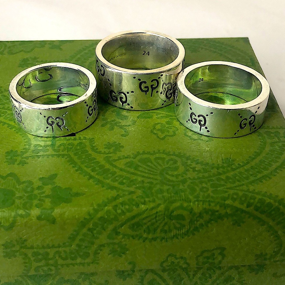 GUCCI GG Ghost Unisex Sterling Silver Cigar Band Ring Size 19, 24, 24tall